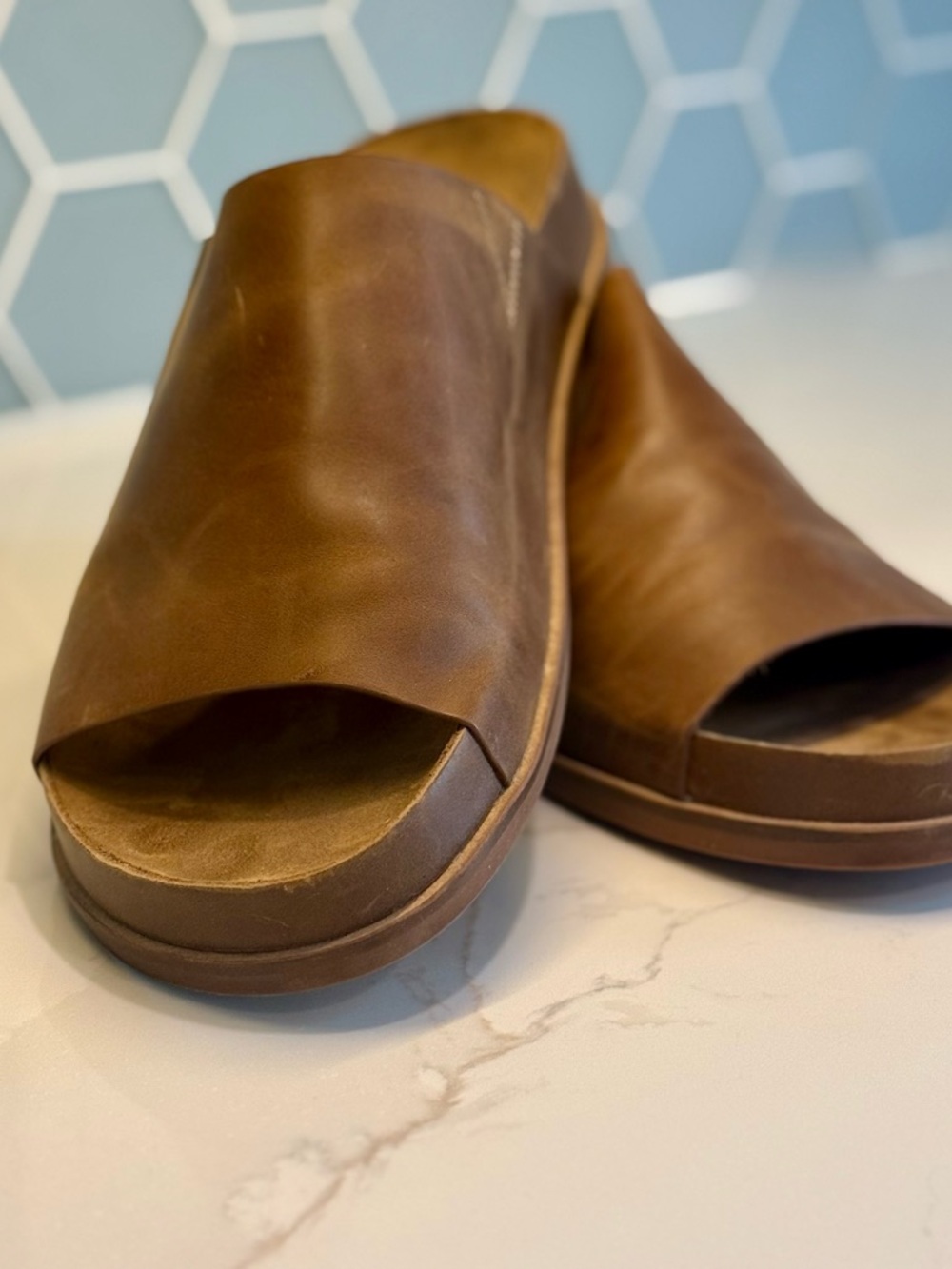 Kelsi Dagger Tan Brown Leather Open-Toe Slide Mules